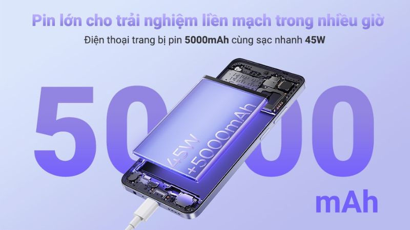 Viên pin dung lượng 5000 mAh, hỗ trợ sạc nhanh 45W