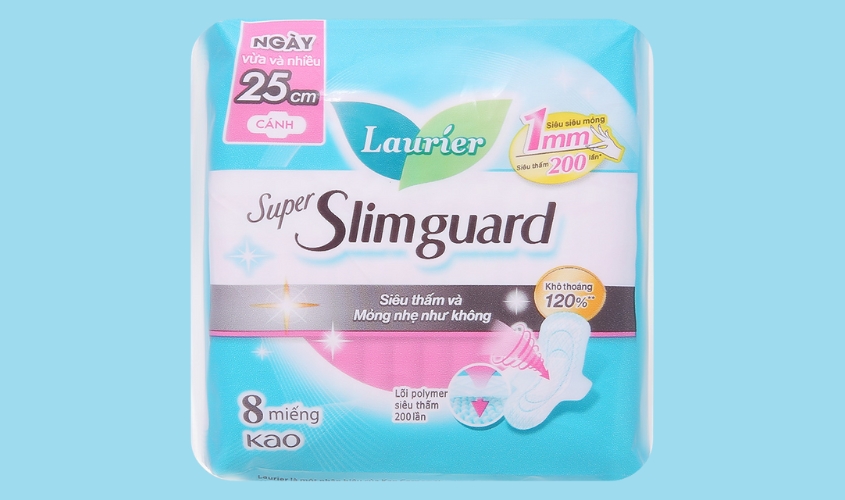 Băng vệ sinh ban ngày Laurier Super Slimguard siêu thấm mỏng nhẹ có cánh 8 miếng