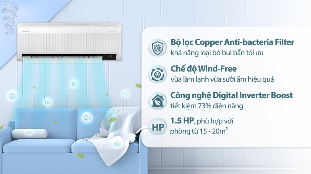 Chế độ quạt gió (Fan) được tích hợp trong máy lạnh Samsung Wind-Free Inverter 12000 BTU AR13CYFAAWKNSV có chức năng điều hòa không khí