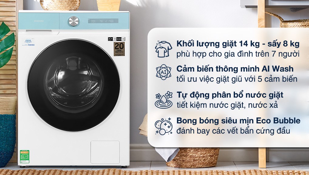 Máy giặt sấy Samsung Bespoke AI Inverter giặt 14 kg - sấy 8 kg WD14BB944DGMSV có khả năng giặt và sấy quần áo, đáp ứng đa dạng nhu cầu sử dụng