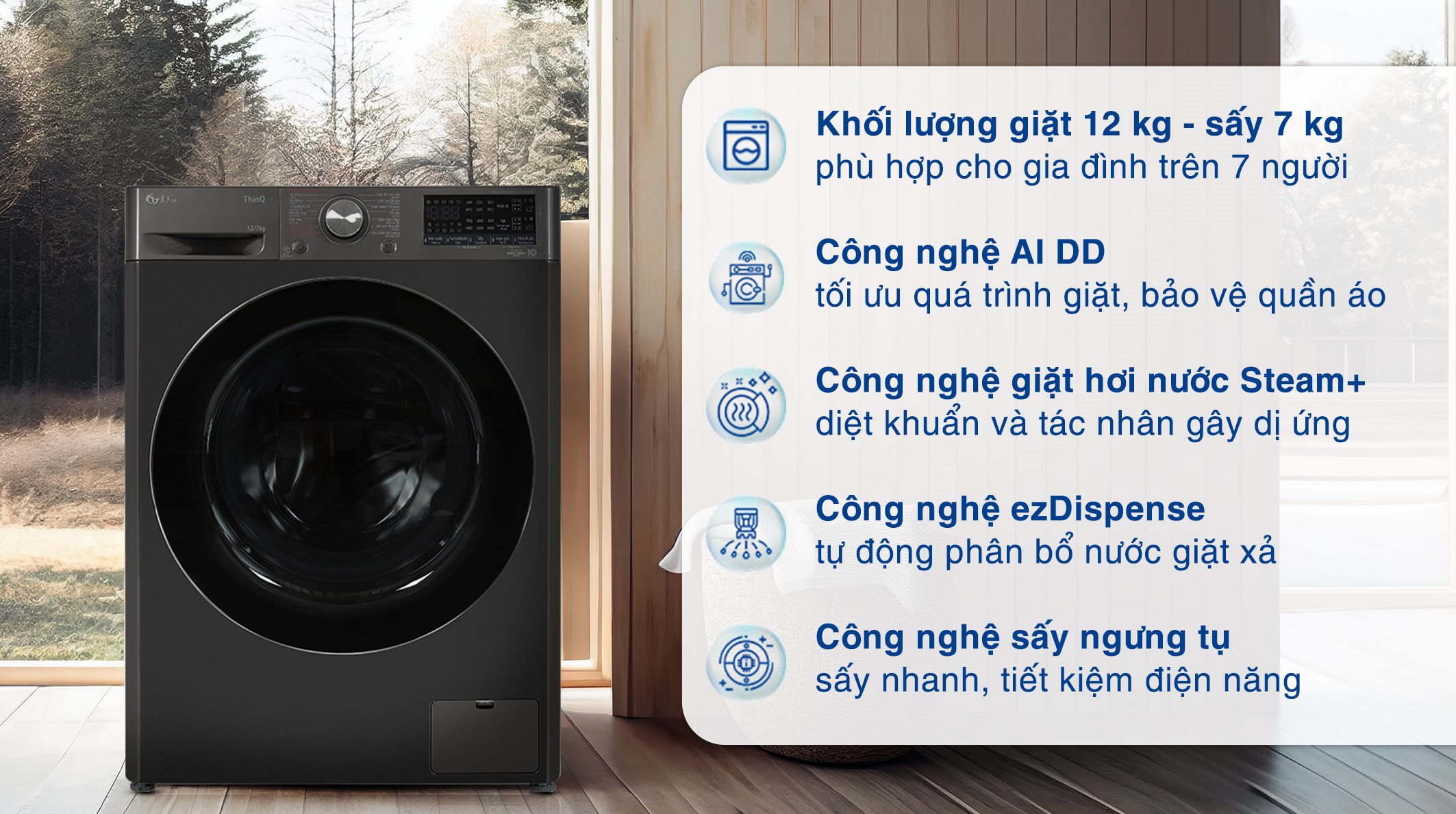 Máy giặt sấy LG Inverter giặt 12 kg - sấy 7 kg FV1412H3BA giúp tiêu diệt các loại vi khuẩn, bảo vệ sức khỏe cho người dùng