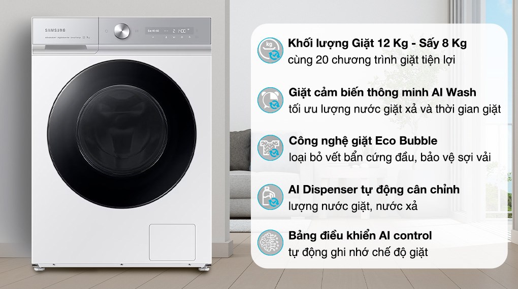 Máy giặt sấy Samsung Bespoke AI Inverter giặt 12 kg - sấy 8 kg WD12BB944DGHSV được trang bị chức năng sấy khô, thuận tiện sử dụng vào mùa mưa bão