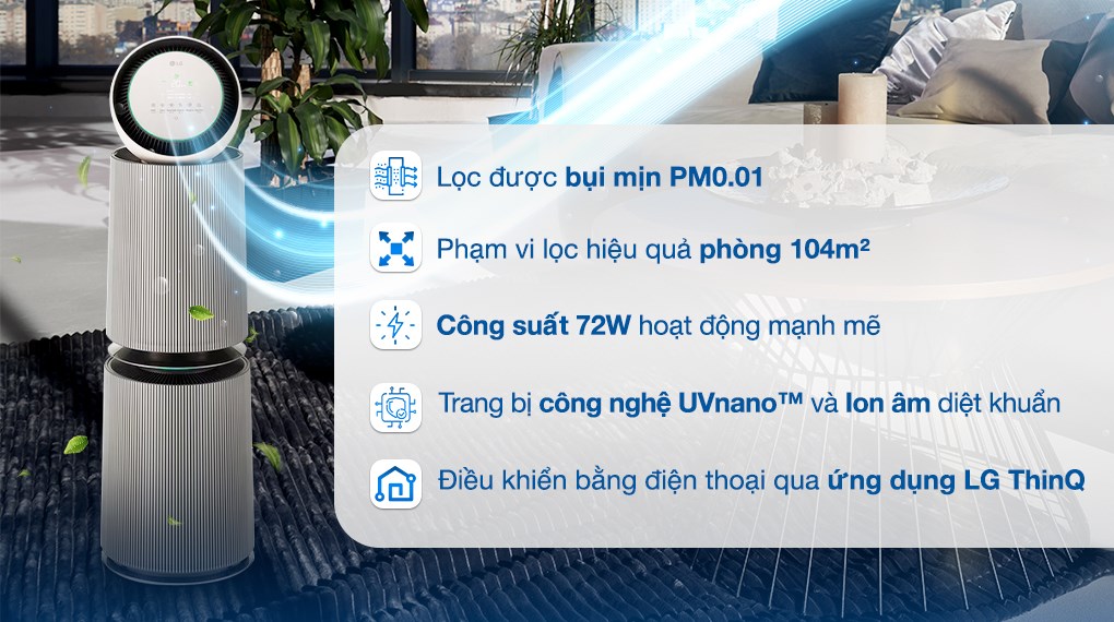 Máy lọc không khí LG AS10GDBY0 lọc không khí hiệu quả với công nghệ UVNano và Ion âm diệt khuẩn
