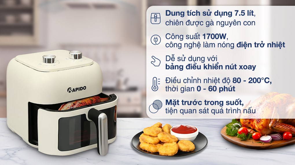 Nồi chiên không dầu Rapido RAF-7.5M3 7.5 lít có thể chiên thức ăn chín đều nhờ công nghệ làm nóng điện trở nhiệt