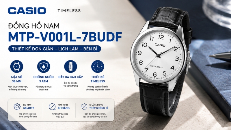 Đồng hồ CASIO Timeless 38 mm Nam MTP-V001L-7BUDF Đồng hồ CASIO Timeless 38 mm Nam MTP-V001L-7BUDF