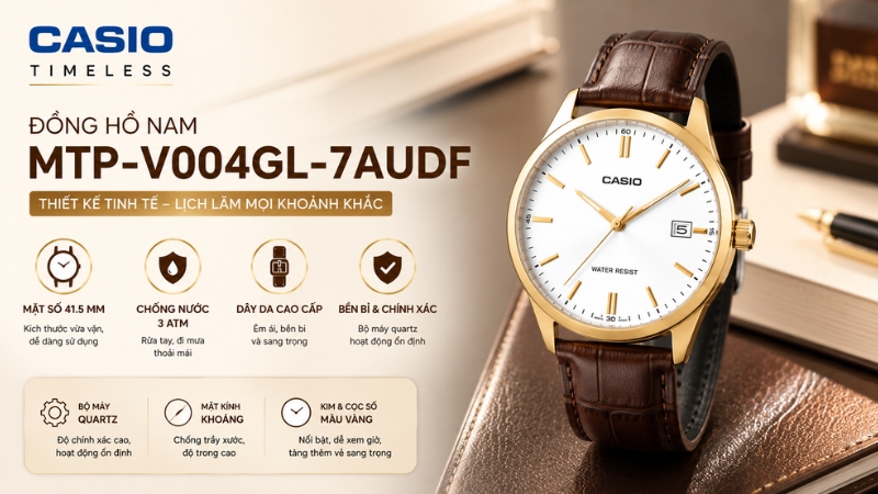Đồng hồ CASIO Timeless 41.5 mm Nam MTP-V004GL-7AUDF Đồng hồ CASIO Timeless 41.5 mm Nam MTP-V004GL-7AUDF
