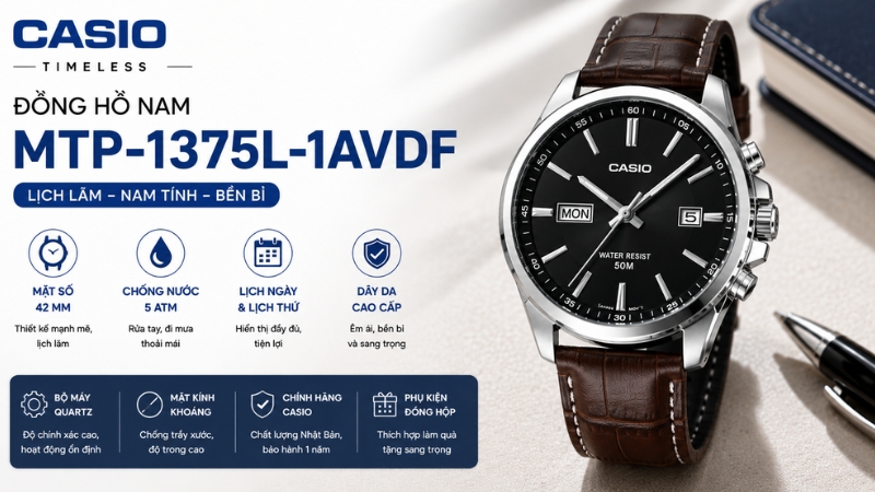 Đồng hồ CASIO Timeless 42 mm Nam MTP-1375L-1AVDF Đồng hồ CASIO Timeless 42 mm Nam MTP-1375L-1AVDF