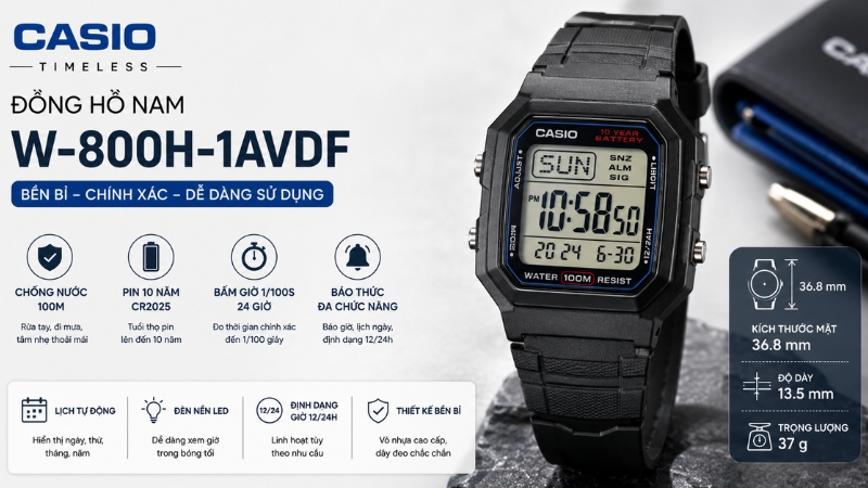 Đồng hồ CASIO Timeless 36.8 mm Nam W-800H-1AVDF Đồng hồ CASIO Timeless 36.8 mm Nam W-800H-1AVDF