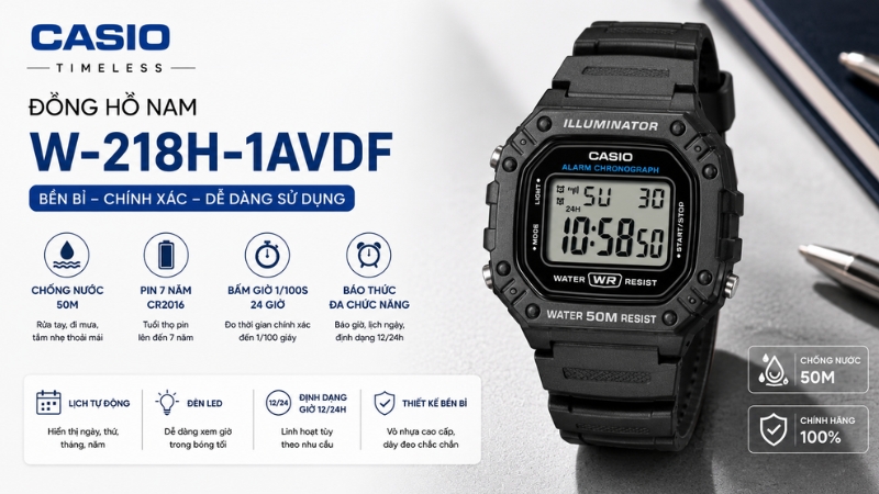 Đồng hồ CASIO Timeless 43 mm Nam W-218H-1AVDF Đồng hồ CASIO Timeless 43 mm Nam W-218H-1AVDF