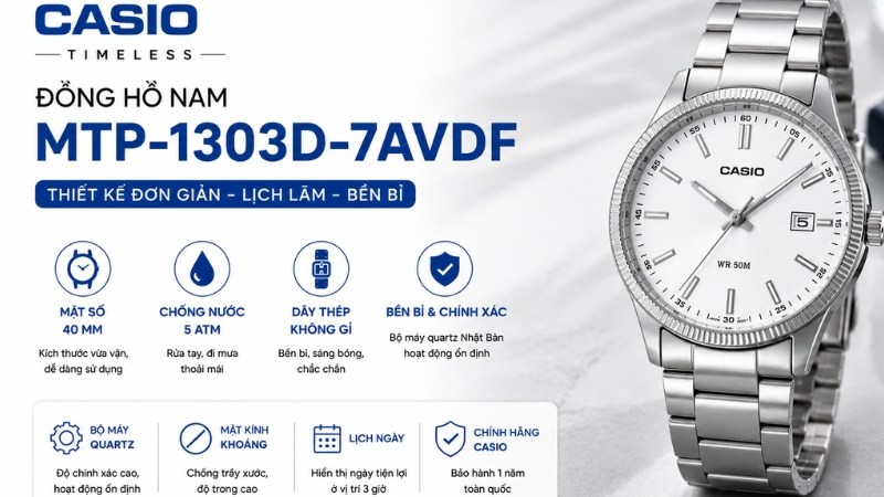Đồng hồ CASIO Timeless 40 mm Nam MTP-1303D-7AVDF Đồng hồ CASIO Timeless 40 mm Nam MTP-1303D-7AVDF