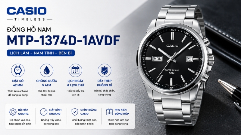 Đồng hồ CASIO Timeless 42 mm Nam MTP-1374D-1AVDF Đồng hồ CASIO Timeless 42 mm Nam MTP-1374D-1AVDF