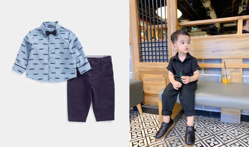 Phối áo sơ mi trắng với quần tây cho bé