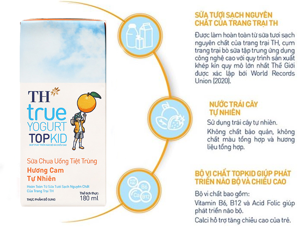 Lốc 4 hộp sữa chua uống tiệt trùng TH true YOGURT TOPKID vị cam 110 ml cho bé từ 2 tuổi