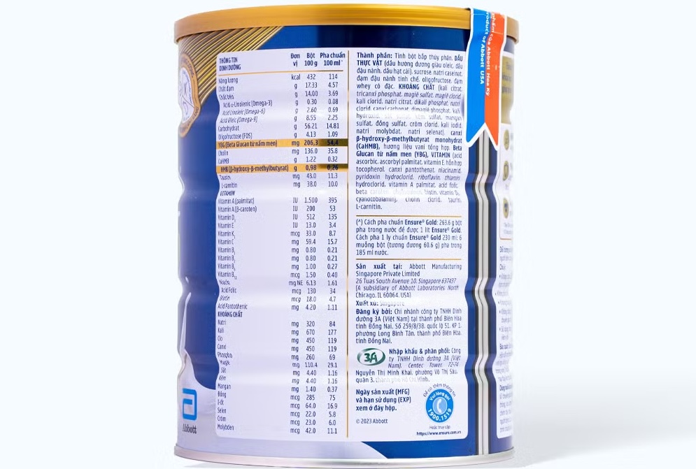 Bảng thành phần sữa Ensure Gold