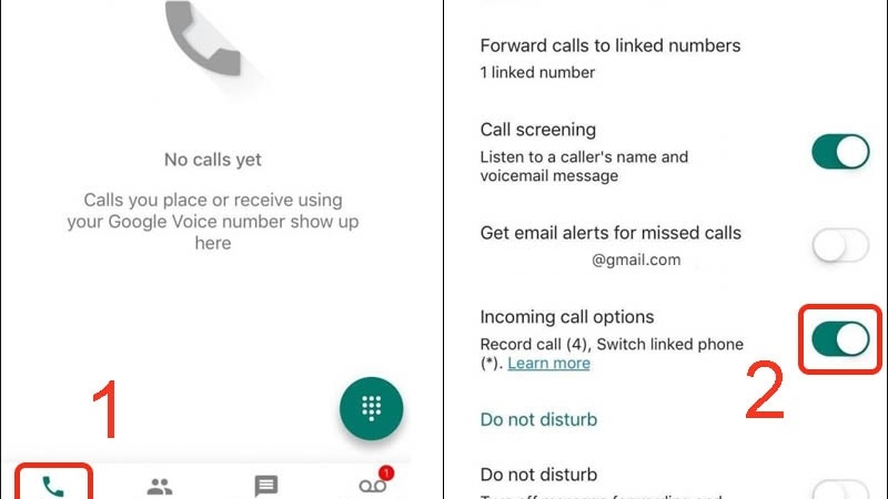 Nhấn v&agrave;o mục Call rồi k&iacute;ch hoạt mục Incoming call options