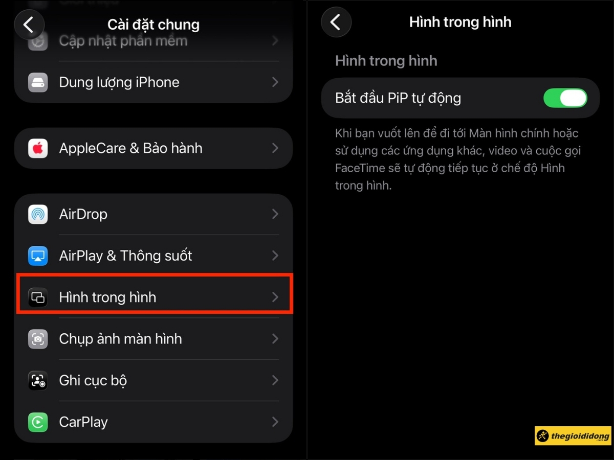 Gạt nút bật Bắt đầu PiP tự động Gạt nút bật Bắt đầu PiP tự động