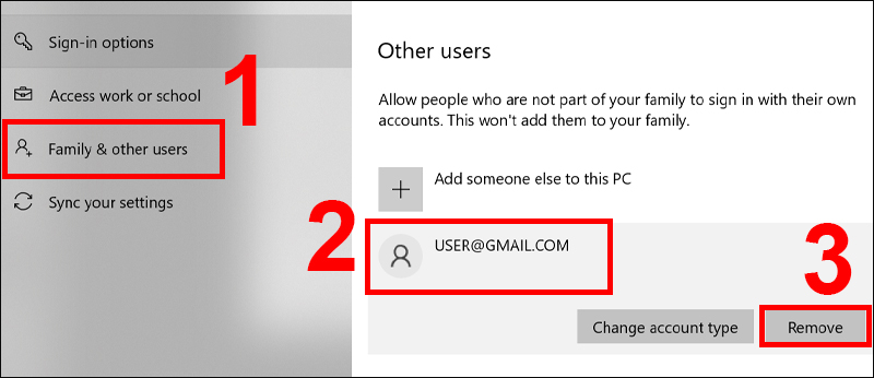 Chọn Family & other users, tại mục Other users bạn hãy chọn một tài khoản muốn xóa đi và chọn nút Remove là hoàn tất.