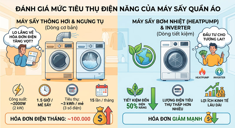 Máy sấy quần áo tốn điện không? Thực tế chỉ khoảng 100K/tháng nếu dùng hợp lý!