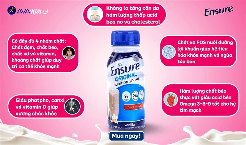 Lốc 6 chai sữa bột pha sẵn Ensure Original hương vani 237 ml