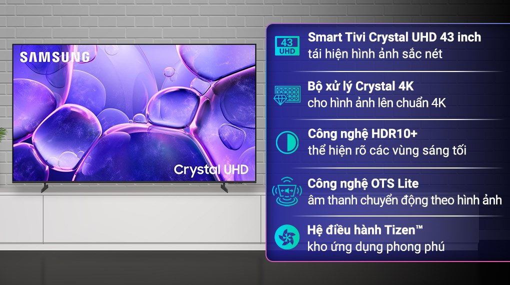 Smart Tivi Crystal UHD Samsung 4K 43 inch UA43U8550F có hình ảnh 4K kết hợp HDR và Contrast Enhancer mang đến khung hình sáng rõ