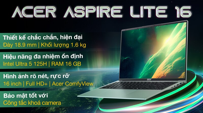 Acer Aspire Lite 16 AI AL16-71P 5674 có RAM DDR5 tháo rời, nâng cấp được tới 64GB cho sinh viên IT Acer Aspire Lite 16 AI AL16-71P 5674