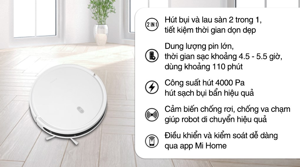 Robot hút bụi lau nhà Xiaomi Vacuum E10 là thiết bị có công nghệ tiết kiệm điện tốt trên thị trường