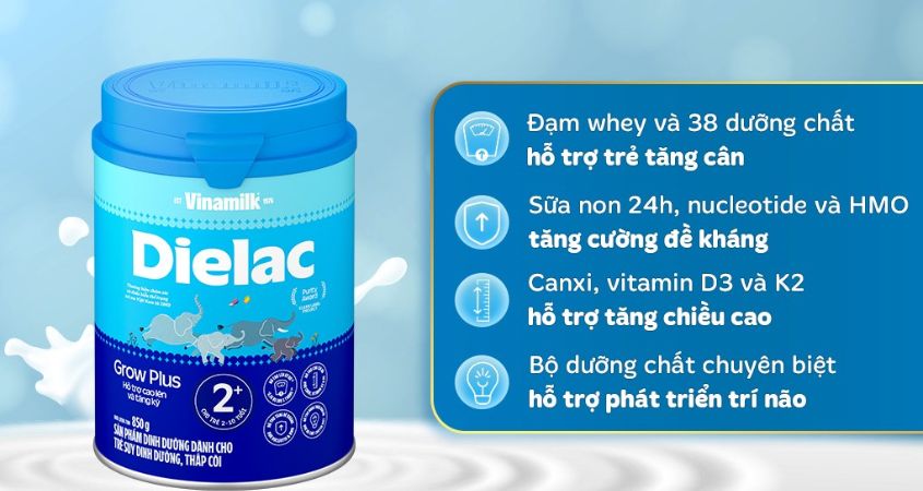 Sữa bột Dielac Grow Plus 2+ (sữa non) hương vani 850g (2 - 10 tuổi) dành cho trẻ suy dinh dưỡng, thấp còi