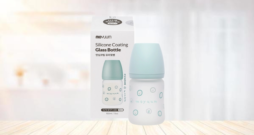 Bình sữa thủy tinh tráng silicone Moyuum cổ rộng 150 ml - Hình mặt cười (0 - 2 tháng)