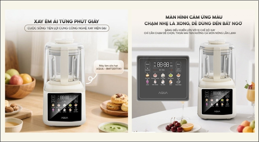 Máy làm sữa hạt AQUA AQS-BMT1201T(W) với bảng điều khiển cảm ứng màu hiện đại, trực quan, chống rò nước, giúp người dùng dễ dàng thao tác và lựa chọn các chế độ