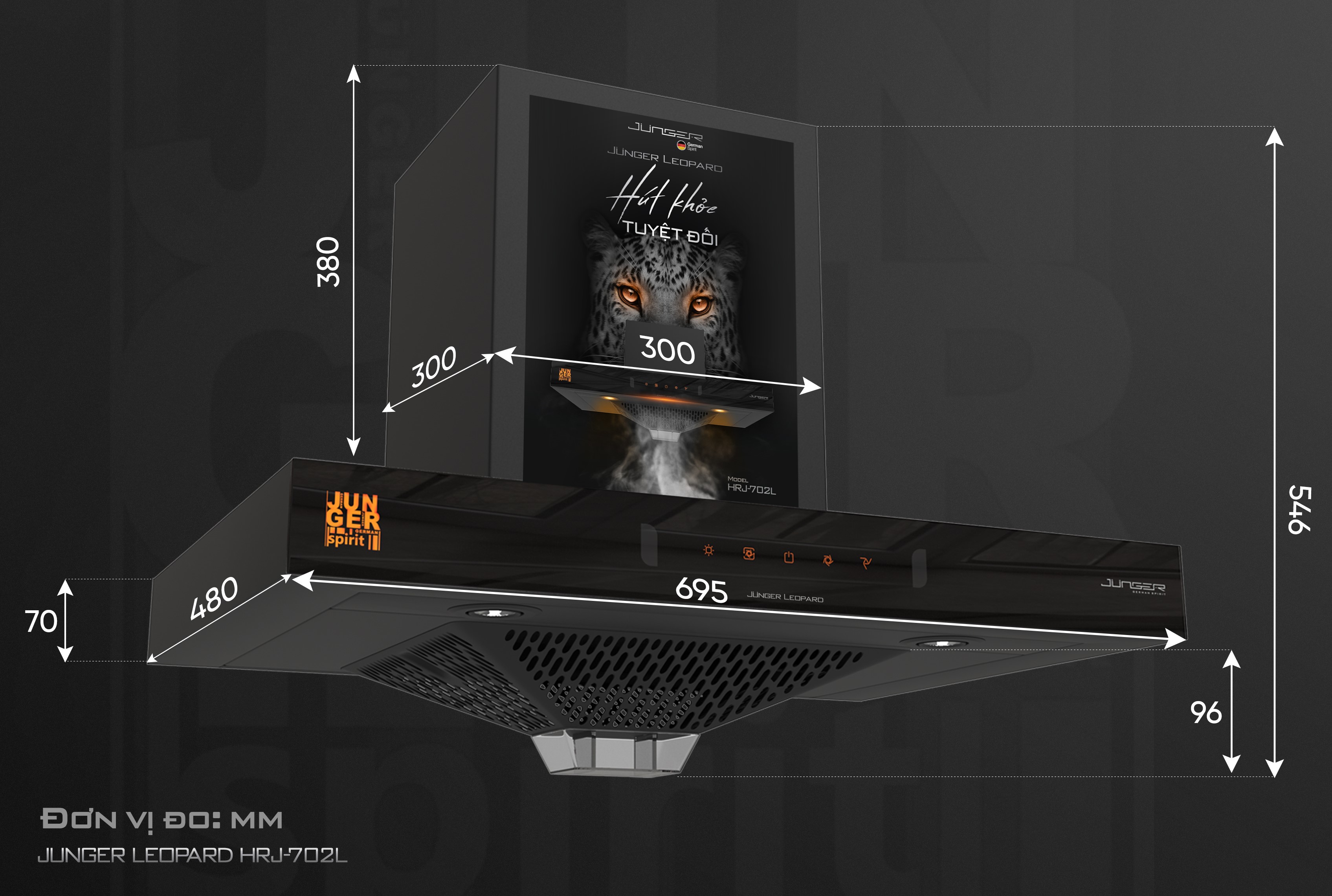 Các thông số kích thước cần biết trước khi chọn mua máy hút mùi phổ biến. Hình ảnh minh hoạ máy hút mùi junger HRJ-702L