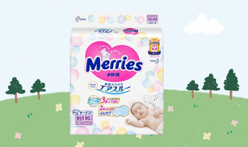 Tã dán Merries size NB 90 miếng (Dưới 5 kg)