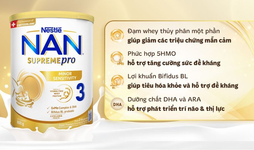 Sữa bột NAN Supremepro số 3 800g (2 - 6 tuổi) hỗ trợ trẻ có cơ địa mẫn cảm