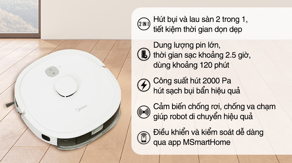 Robot hút bụi lau nhà Midea M6 có thiết kế nhỏ gọn, giá thành phải chăng và được bảo hành chính hãng tại các trung tâm bảo hành hãng