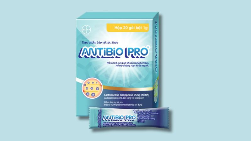 Hộp men vi sinh Antibio Pro gồm 10 túi, mỗi túi 10 gói chứa 1g dạng bột đông khô