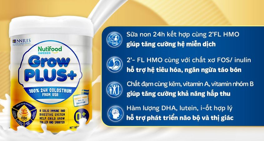 Sữa bột Nutifood GrowPLUS+ vàng 0+ (sữa non) hương vani 800g (0 - 12 tháng)