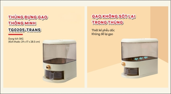 Thùng gạo 5 kg Tanaka TG0205 được làm từ nhựa PET và PP, ly đựng gạo đi kèm bằng nhựa PP, đảm bảo an toàn khi sử dụng