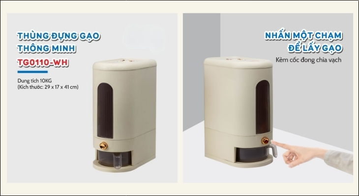 Thùng gạo 10 kg Tanaka TG0110-WH có nút nhấn lấy gạo thông minh, giúp người dùng dễ dàng thao tác