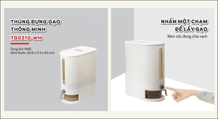 Thùng gạo 10 kg Tanaka TG0310-WH với kiểu dáng cao gọn giúp tiết kiệm diện tích và dễ sắp xếp trong bếp