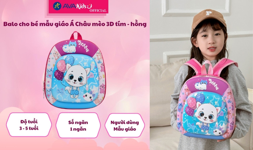 Balo cho bé mẫu giáo Á Châu mèo 3D tím - hồng