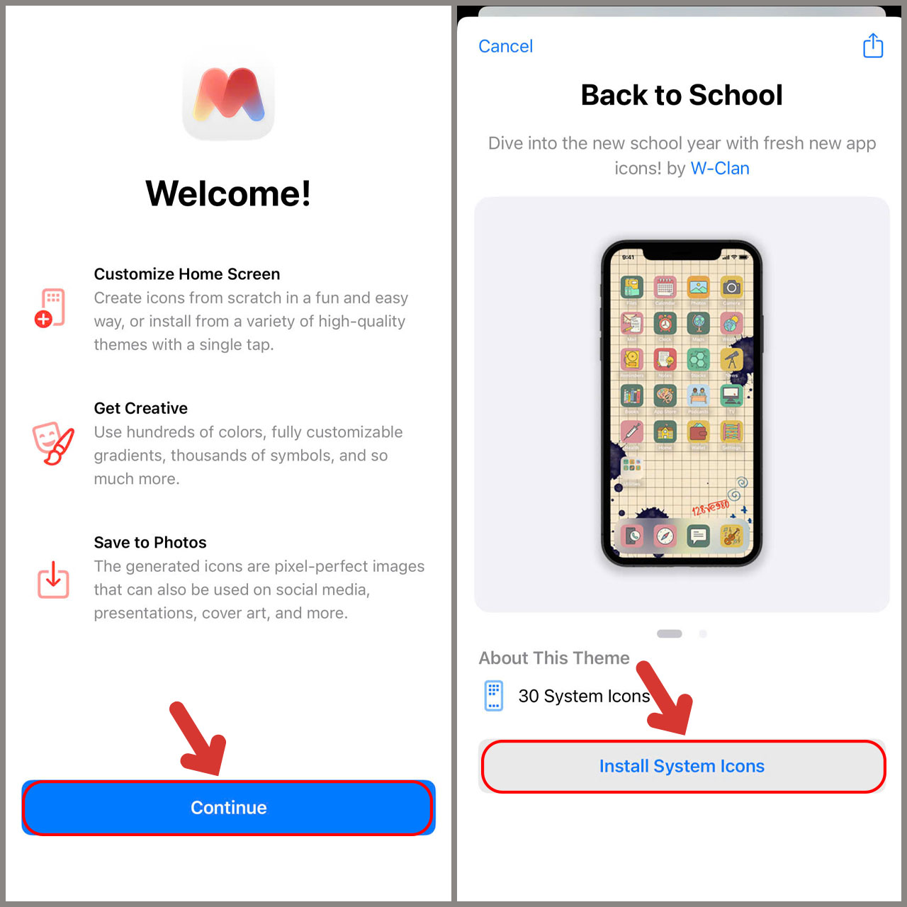 Chọn mẫu icon trong Moloko v&agrave; c&agrave;i đặt l&ecirc;n m&agrave;n h&igrave;nh iPhone