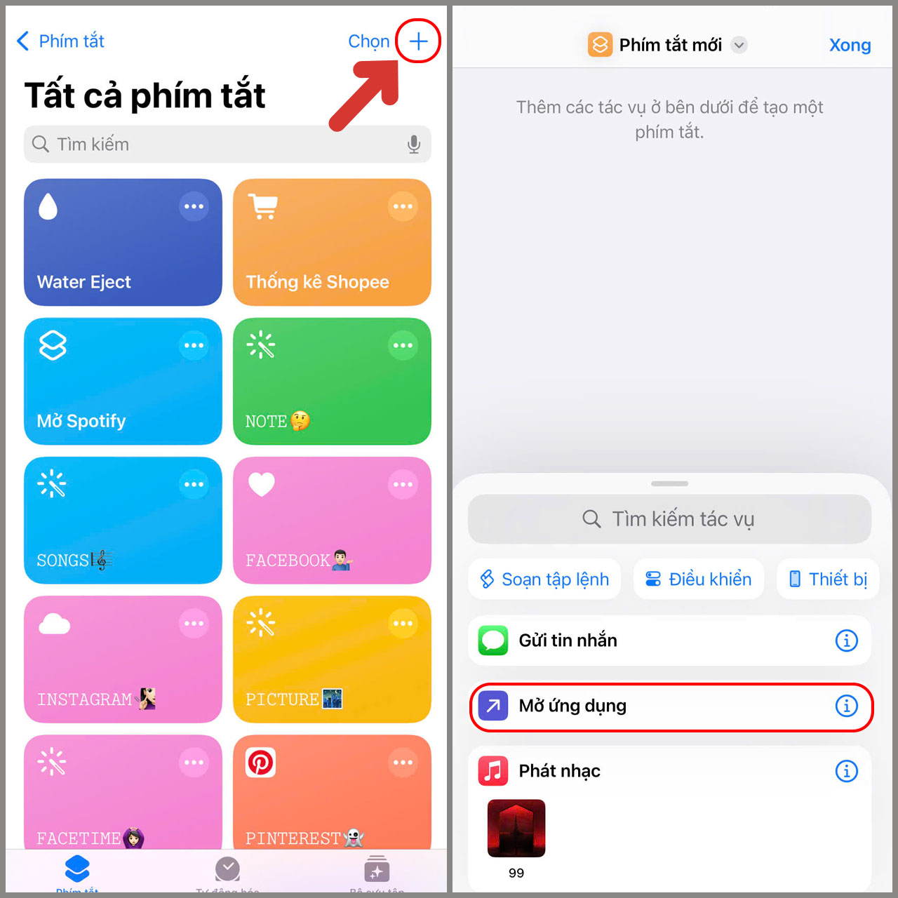 Mở Ph&iacute;m tắt v&agrave; chọn Mở ứng dụng để bắt đầu đổi icon iPhone