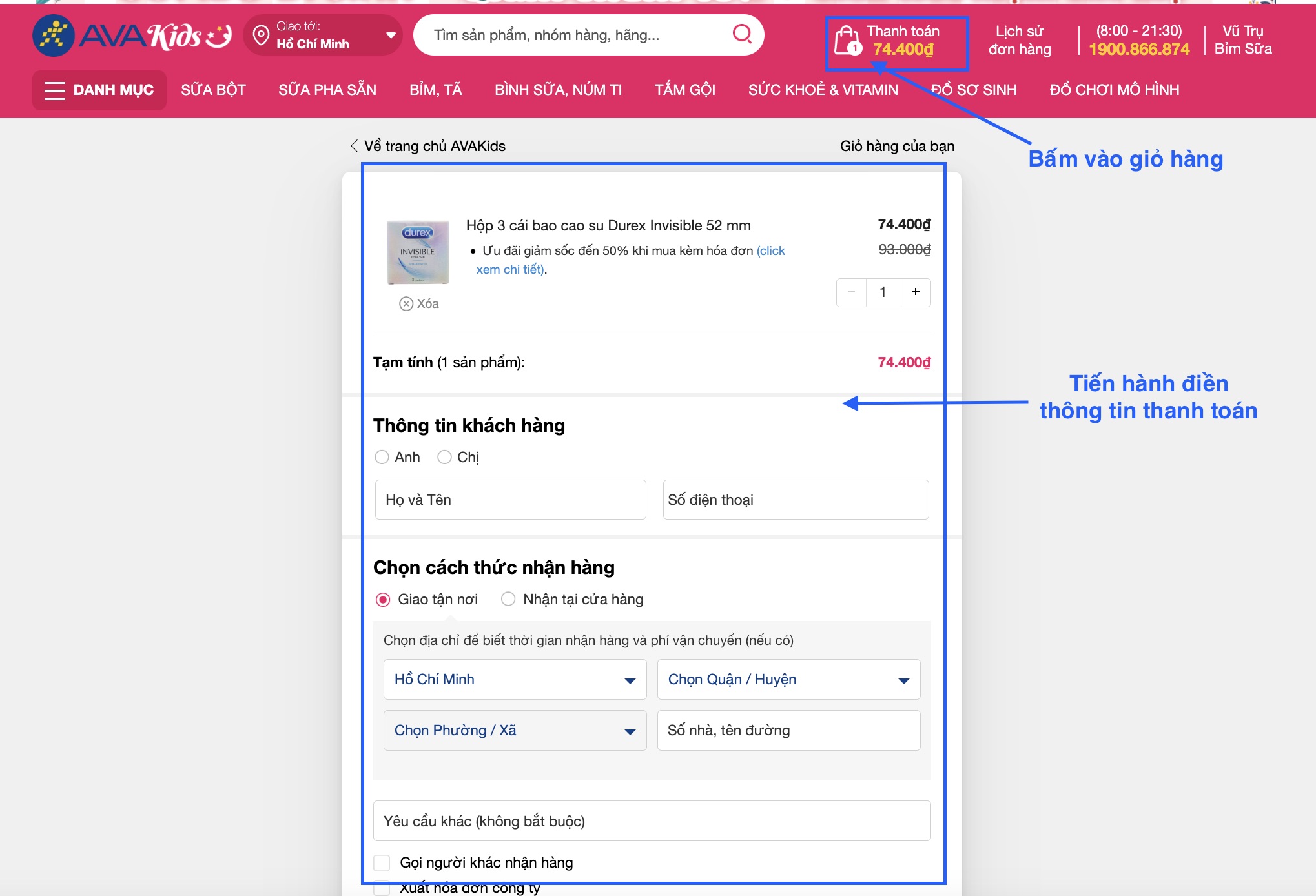 Bấm vào Giỏ hàng và điền thông tin thanh toán Bấm vào Giỏ hàng và điền thông tin thanh toán