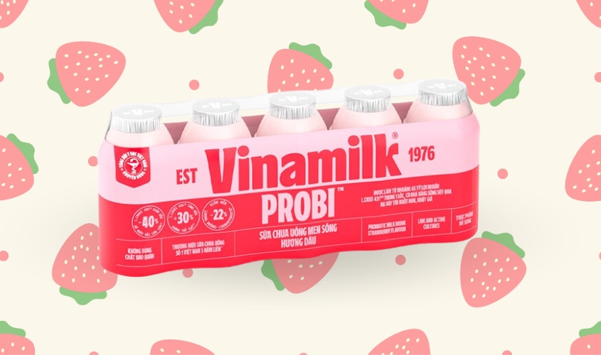 Lốc 5 chai sữa chua uống men sống Vinamilk Probi vị dâu 65 ml (từ 1 tuổi) chứa 66,4 kcal