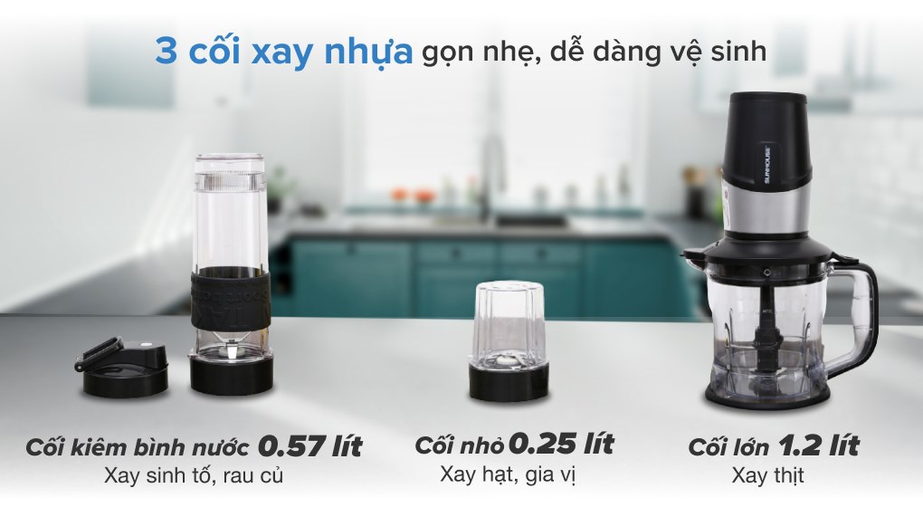 Máy xay sinh tố đa năng Sunhouse SHD5340 đen trang bị 3 cối xay, đáp ứng nhu cầu xay nhiều loại thực phẩm khác nhau
