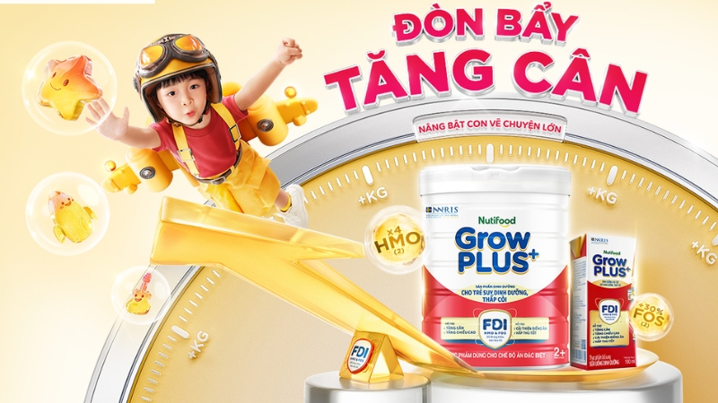 Sữa bột Nutifood GrowPLUS+ đỏ 2+ hương vani 900g (từ 2 tuổi) cho trẻ suy dinh dưỡng, thấp còi