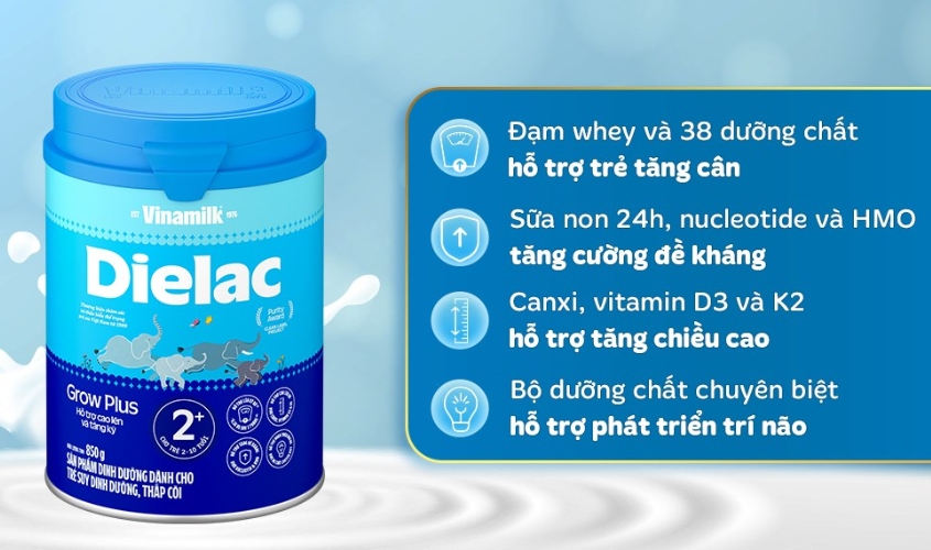 Sữa bột Dielac Grow Plus 2+ (sữa non) hương vani 850g (2 - 10 tuổi) dành cho trẻ suy dinh dưỡng, thấp còi