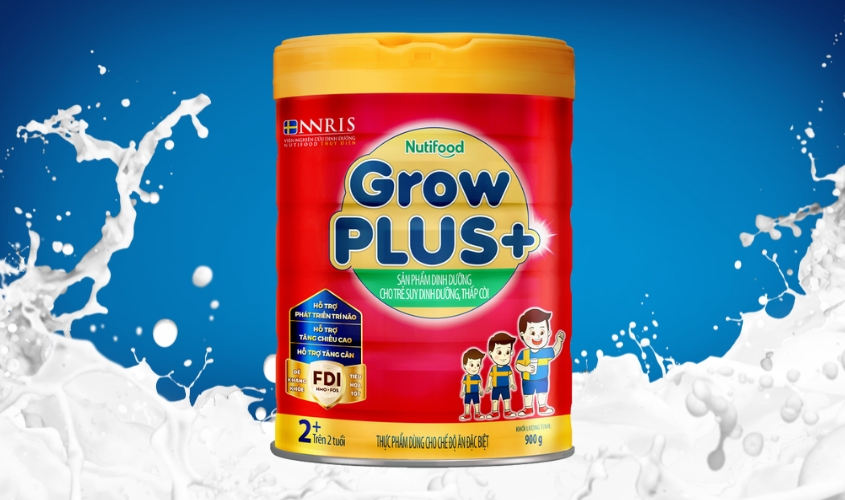 Sữa bột Nutifood GrowPLUS+ đỏ 2+ hương vani 900g (từ 2 tuổi) cho trẻ suy dinh dưỡng, thấp còi