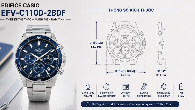 Đồng hồ Edifice Casio 46.9 mm Nam EFV-C110D-2BDF Đồng hồ Edifice Casio 46.9 mm Nam EFV-C110D-2BDF