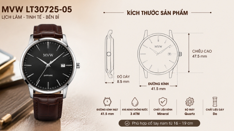 Đồng hồ MVW 41.5 mm Nam LT30725-05 Đồng hồ MVW 41.5 mm Nam LT30725-05