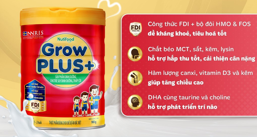 Sữa bột Nutifood GrowPLUS+ đỏ 1+ hương vani 900g (1 - 2 tuổi) cho trẻ suy dinh dưỡng, thấp còi